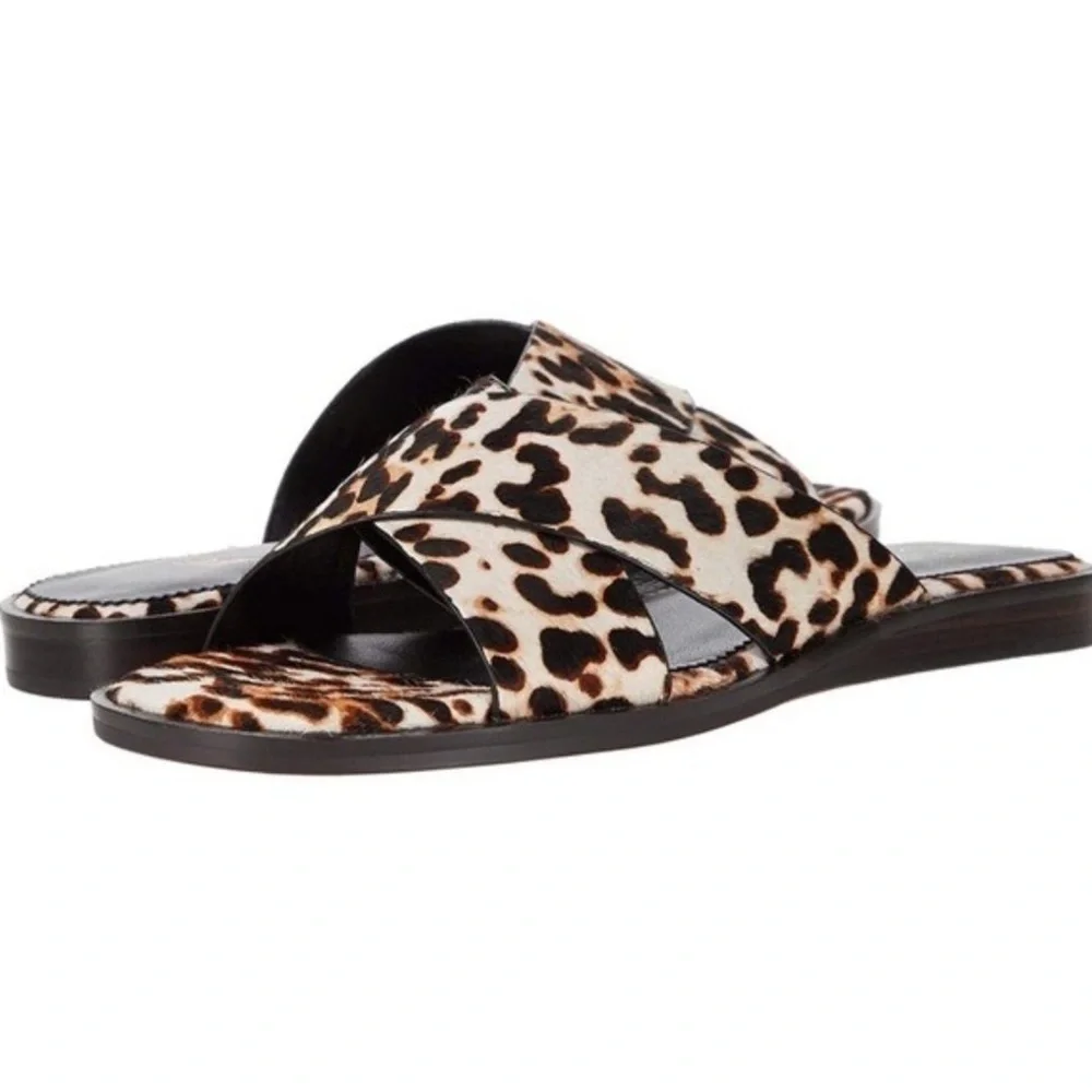 J. Crew Wide Cross Trap Ingrid Sandal Leopard Calf Hair Sz 7